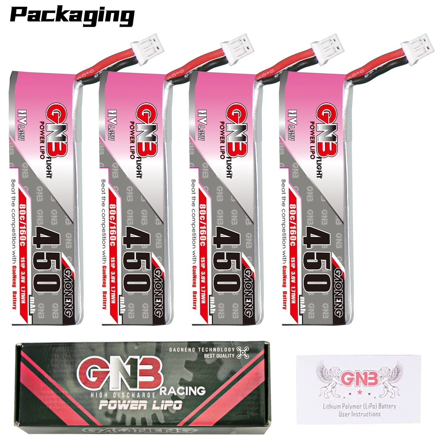 4PCS - GAONENG GNB LiHV 1S 3.8V 450mAh 80C PH2.0 Cabled LiPo Battery