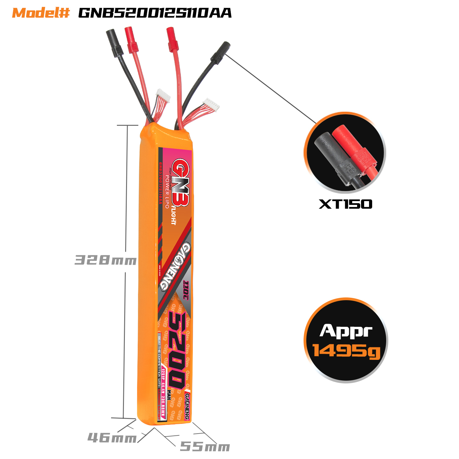 GAONENG GNB 12S 44.4V 5200mAh 110C LiPo Battery XT150