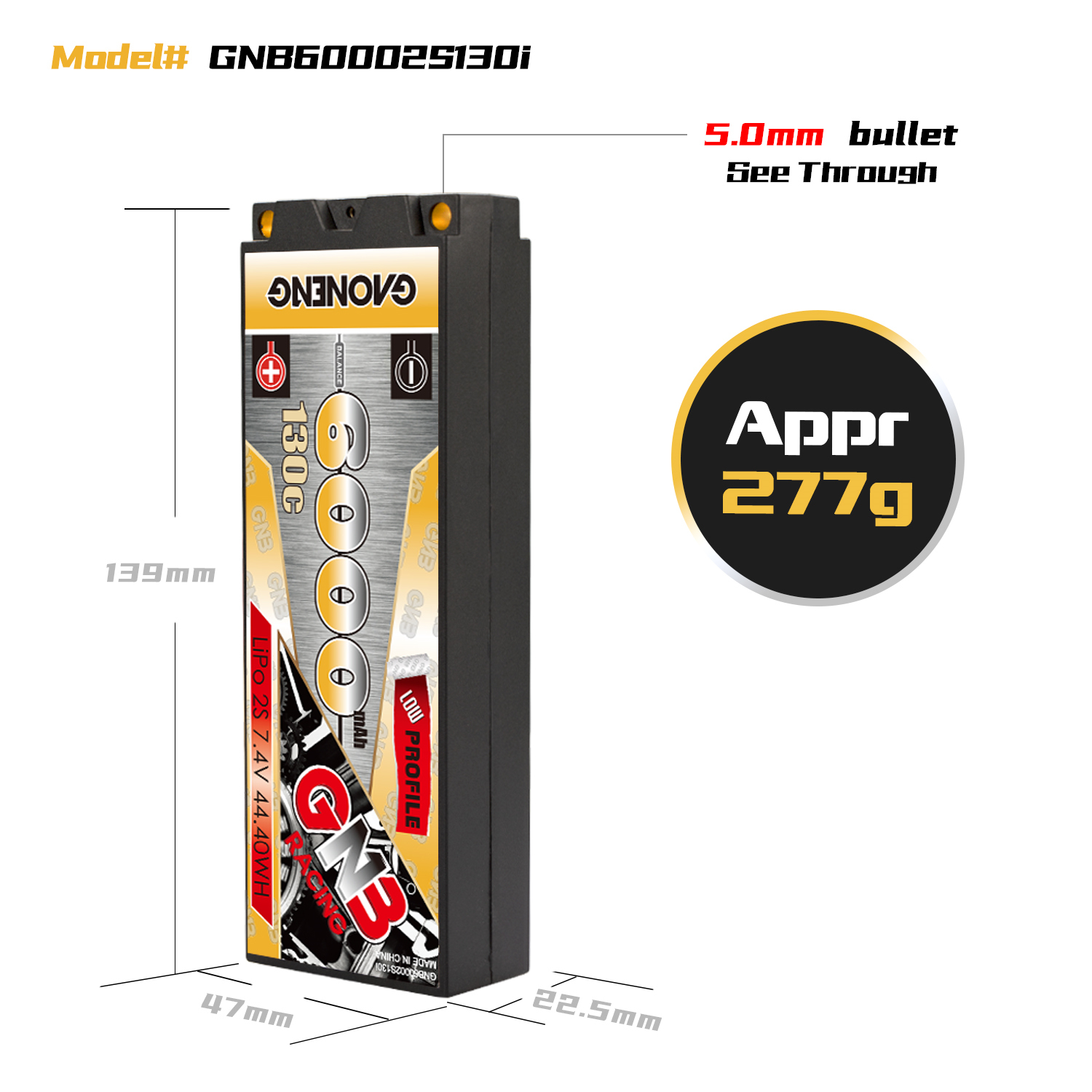 1PCS - GAONENG GNB 2S 7.4V 6000mAh 130C Hard Case LCG LiPo Battery XT60