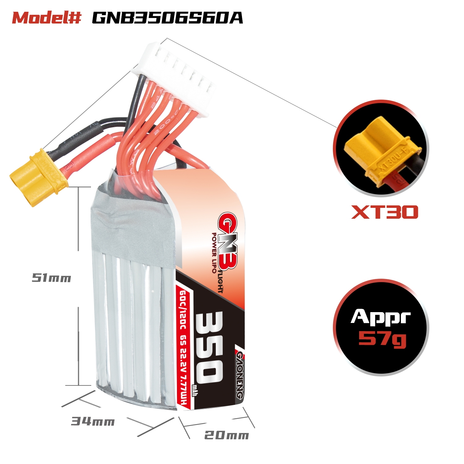 GAONENG GNB 6S 22.2V 350mAh 60C XT30 LiPo Battery