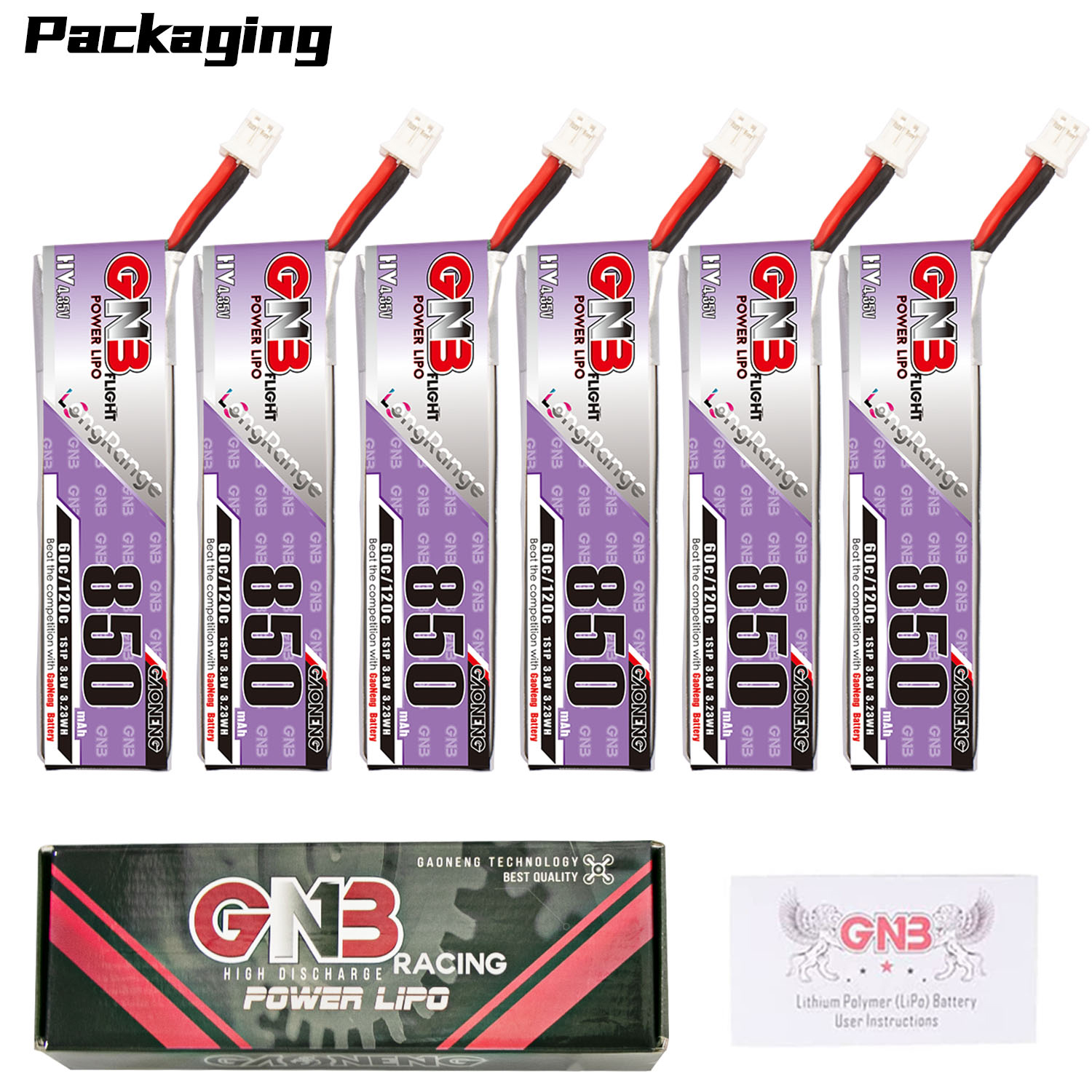 GAONENG GNB LiHV 1S 3.8V 850mAh 60C PH2.0 Cabled LiPo Battery Long Range