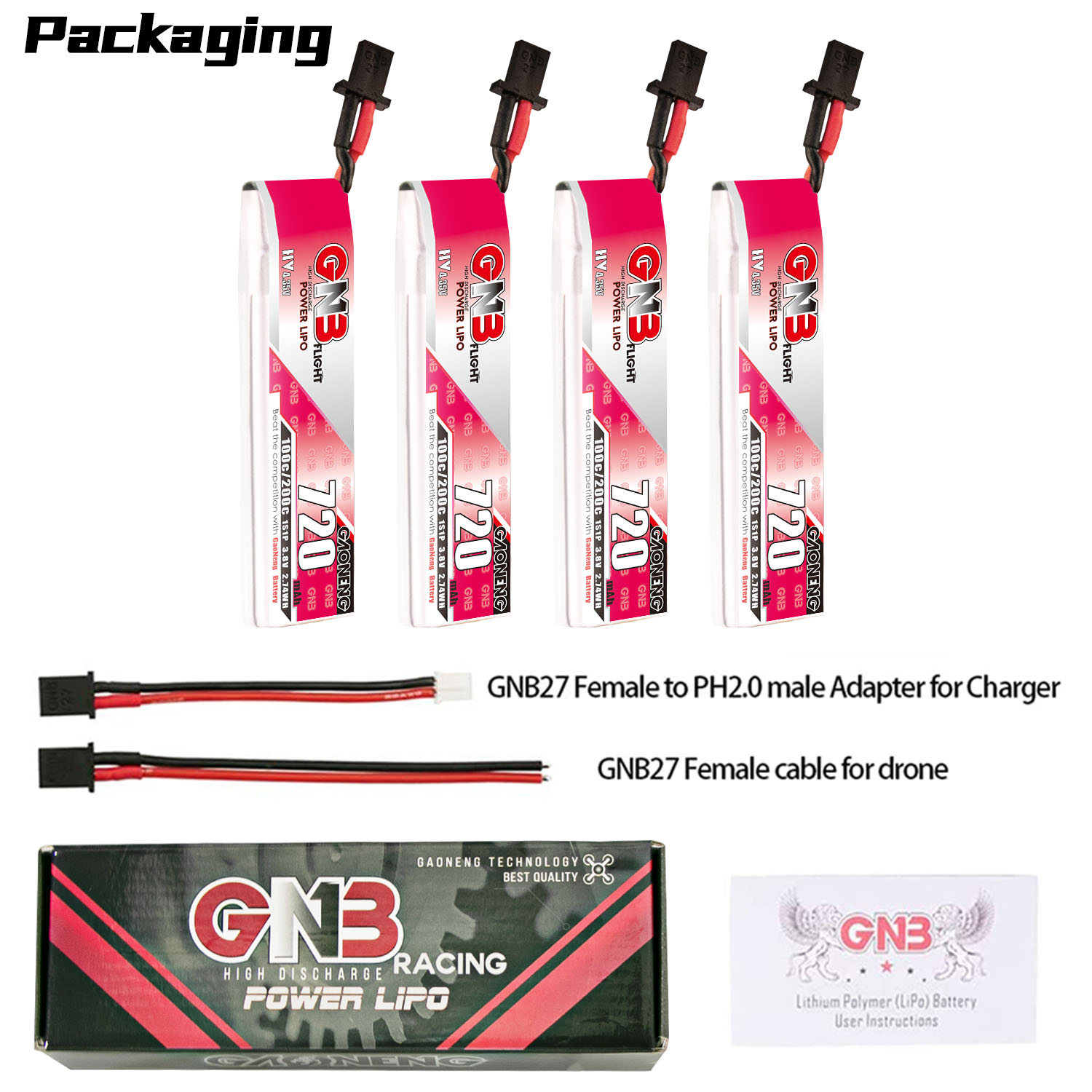 GAONENG GNB LiHV 1S 3.8V 720mAh 100C GNB27 Cabled LiPo Battery