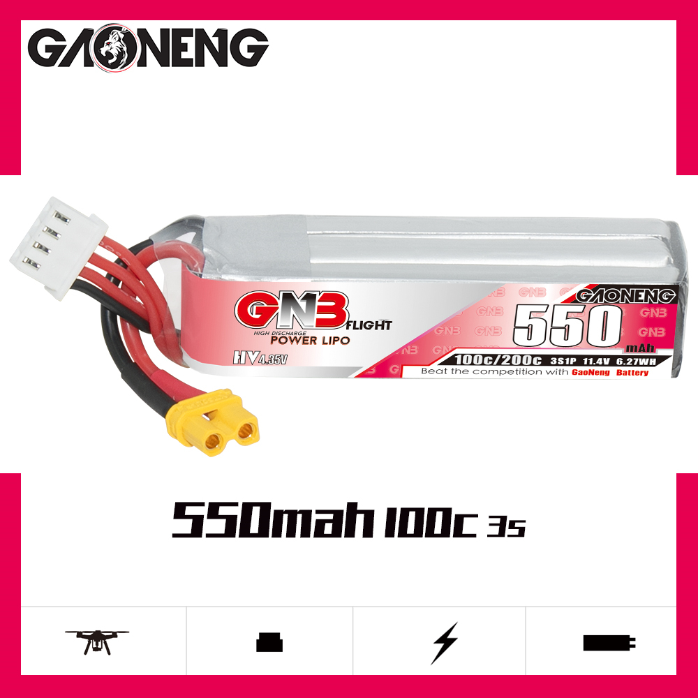 2PCS - GAONENG GNB LiHV 3S 11.4V 550mAh 100C XT30 LiPo Battery Long Type