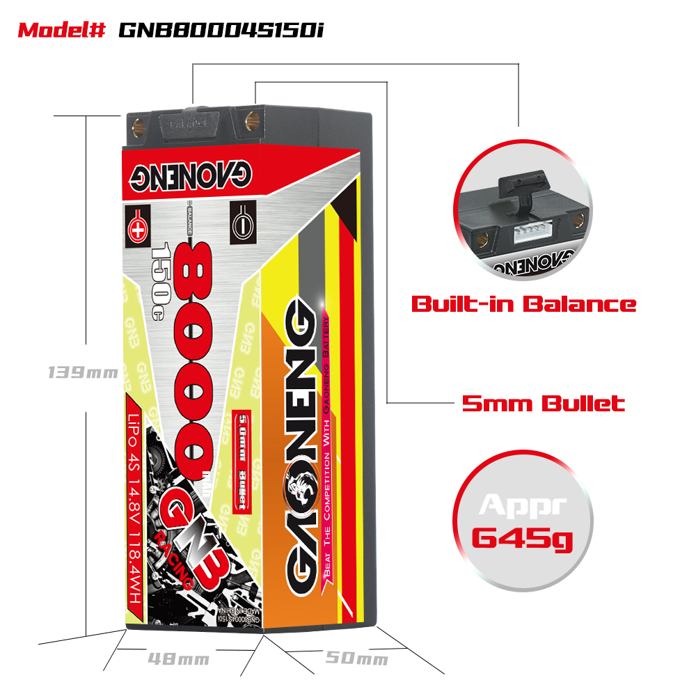 GAONENG GNB 4S 14.8V 8000mAh 150C 5mm Bullet Hard Case LiPo Battery