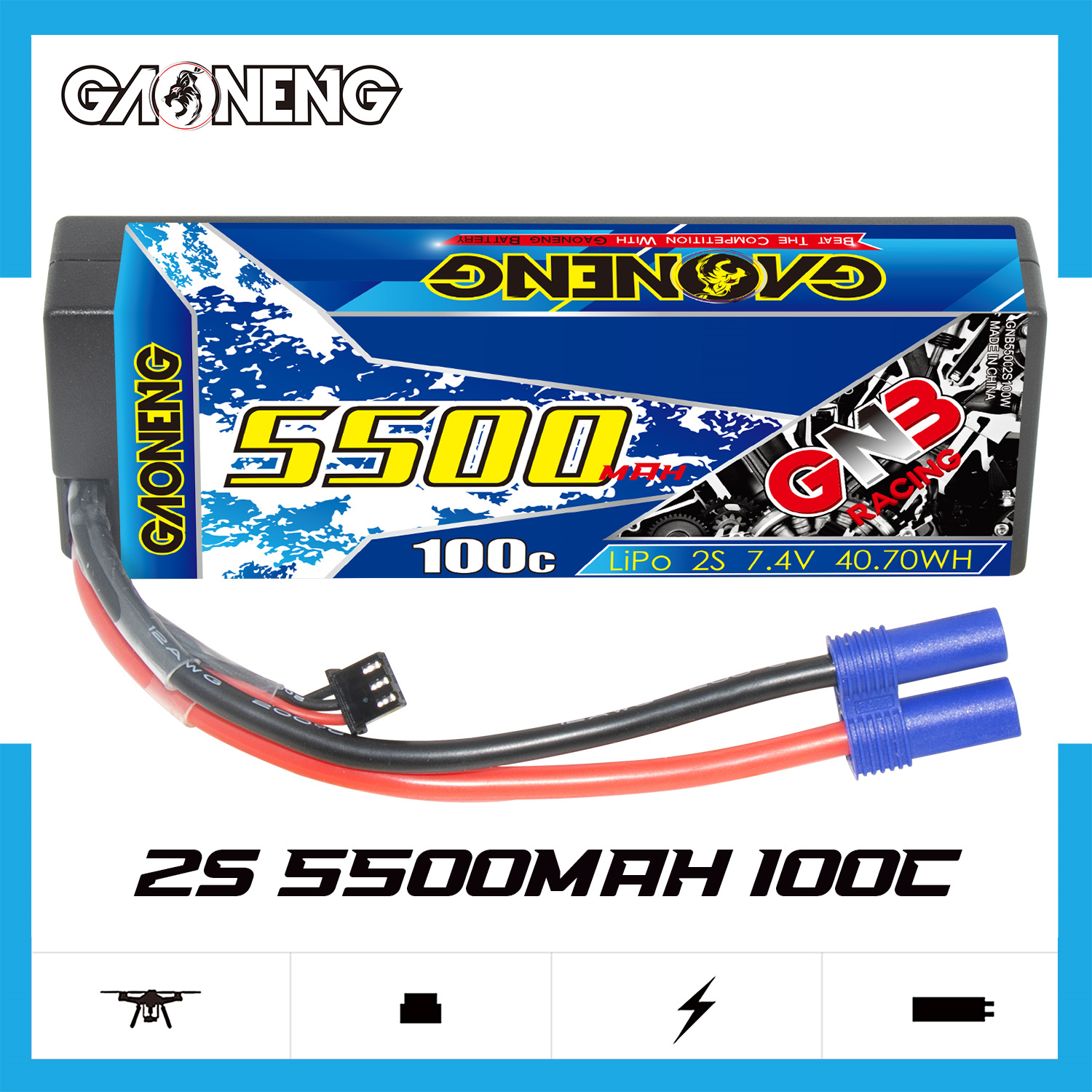 1PC - GAONENG GNB 2S 7.4V 5500mAh 100C Cabled Hard Case LiPo Battery EC5