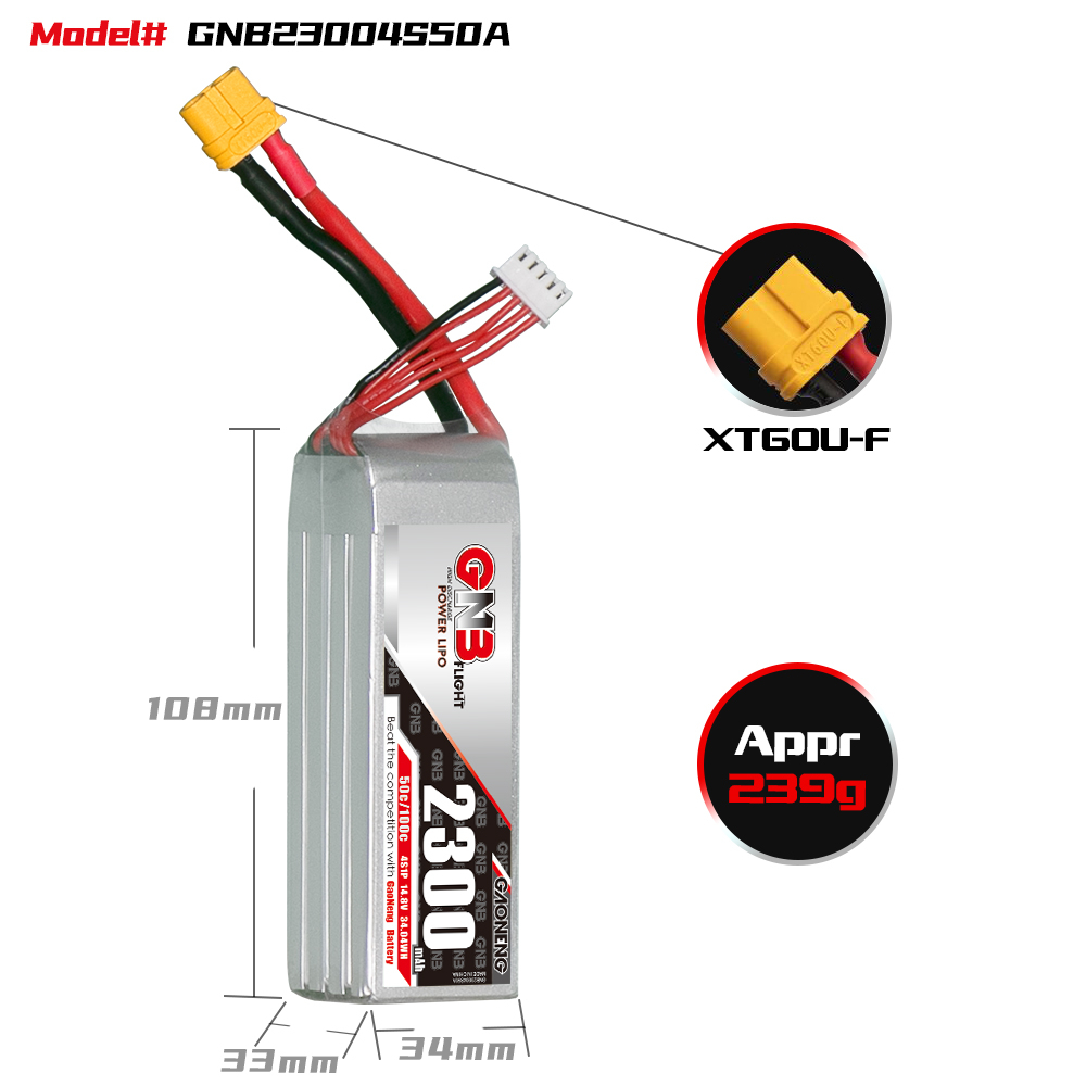 GAONENG GNB 4S 14.8V 2300mAh 50C XT60 LiPo Battery