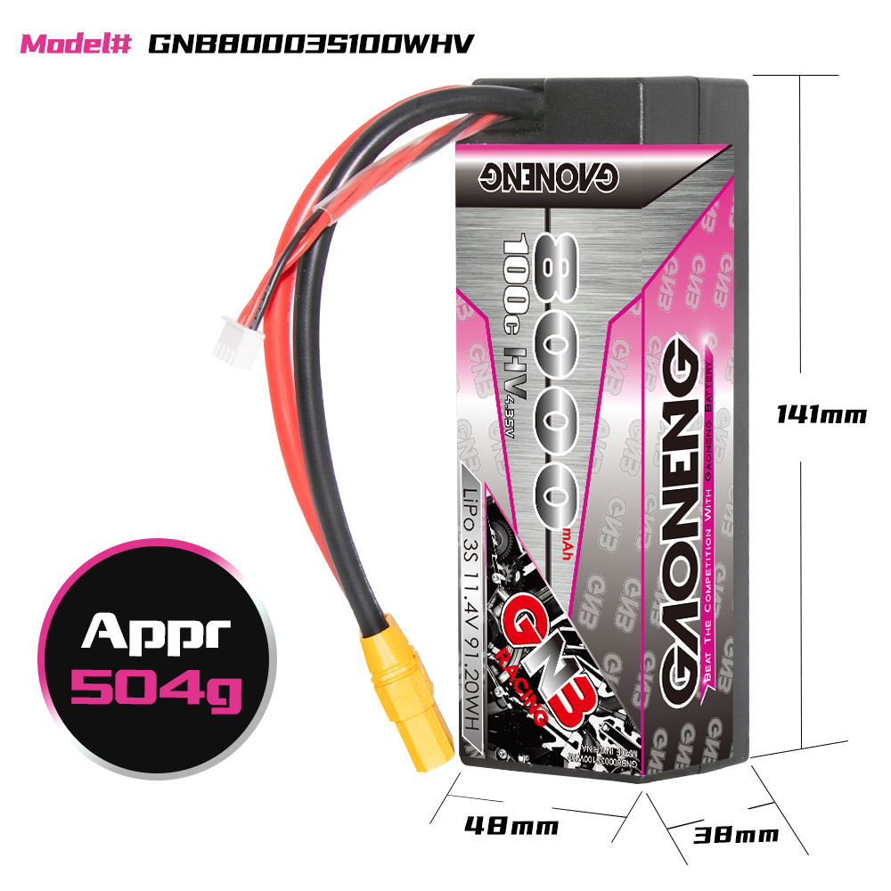 GAONENG GNB LiHV 3S 11.4V 8000mAh 100C Cabled Hard Case LiPo Battery XT90