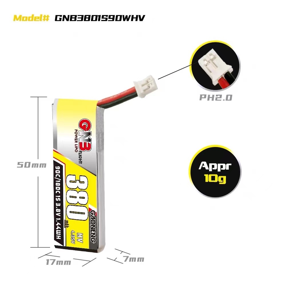 4PCS - GAONENG GNB LiHV 1S 3.8V 380mAh 90C PH2.0 Cabled LiPo Battery