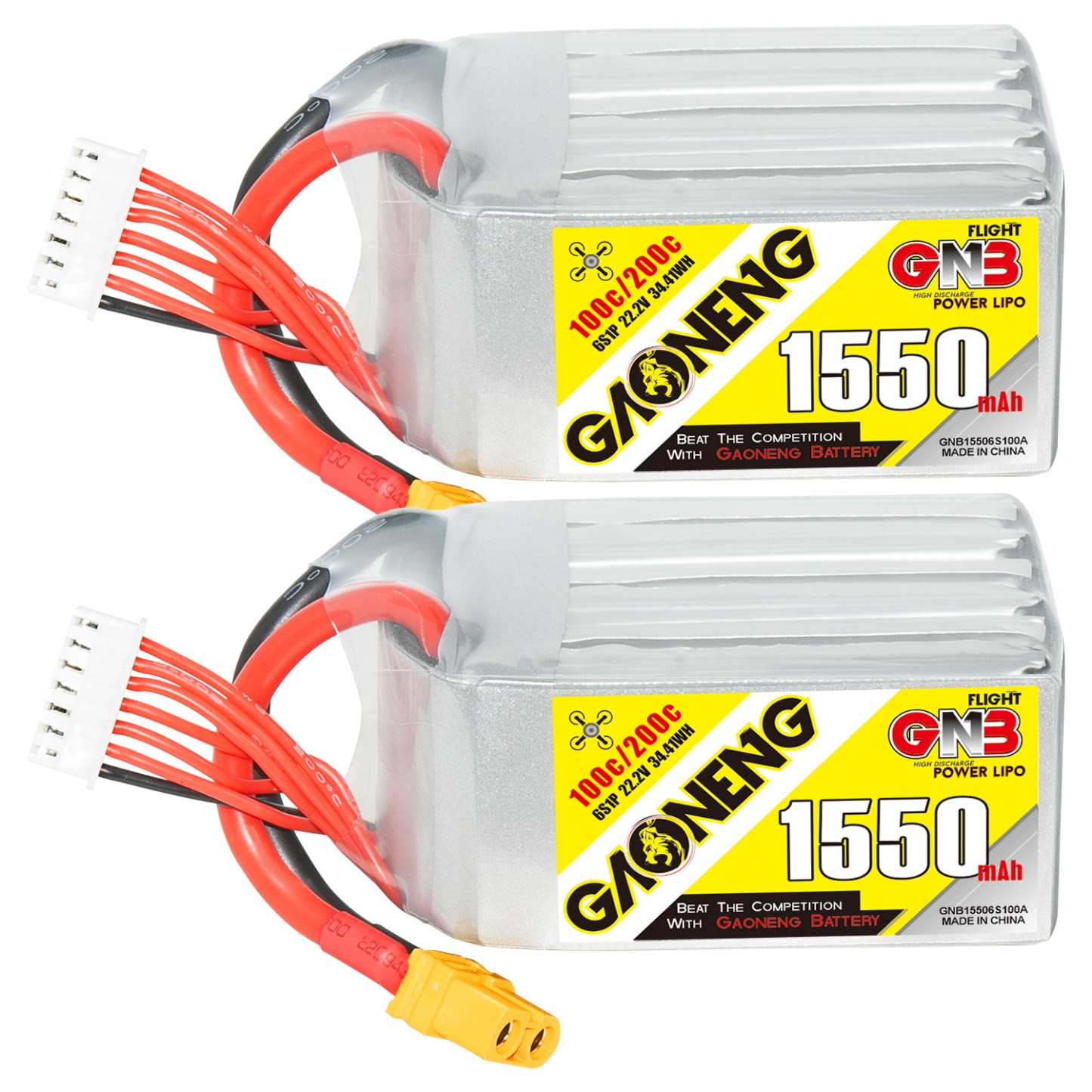 2PCS - GAONENG GNB 6S 22.2V 1550mAh 100C XT60 LiPo Battery