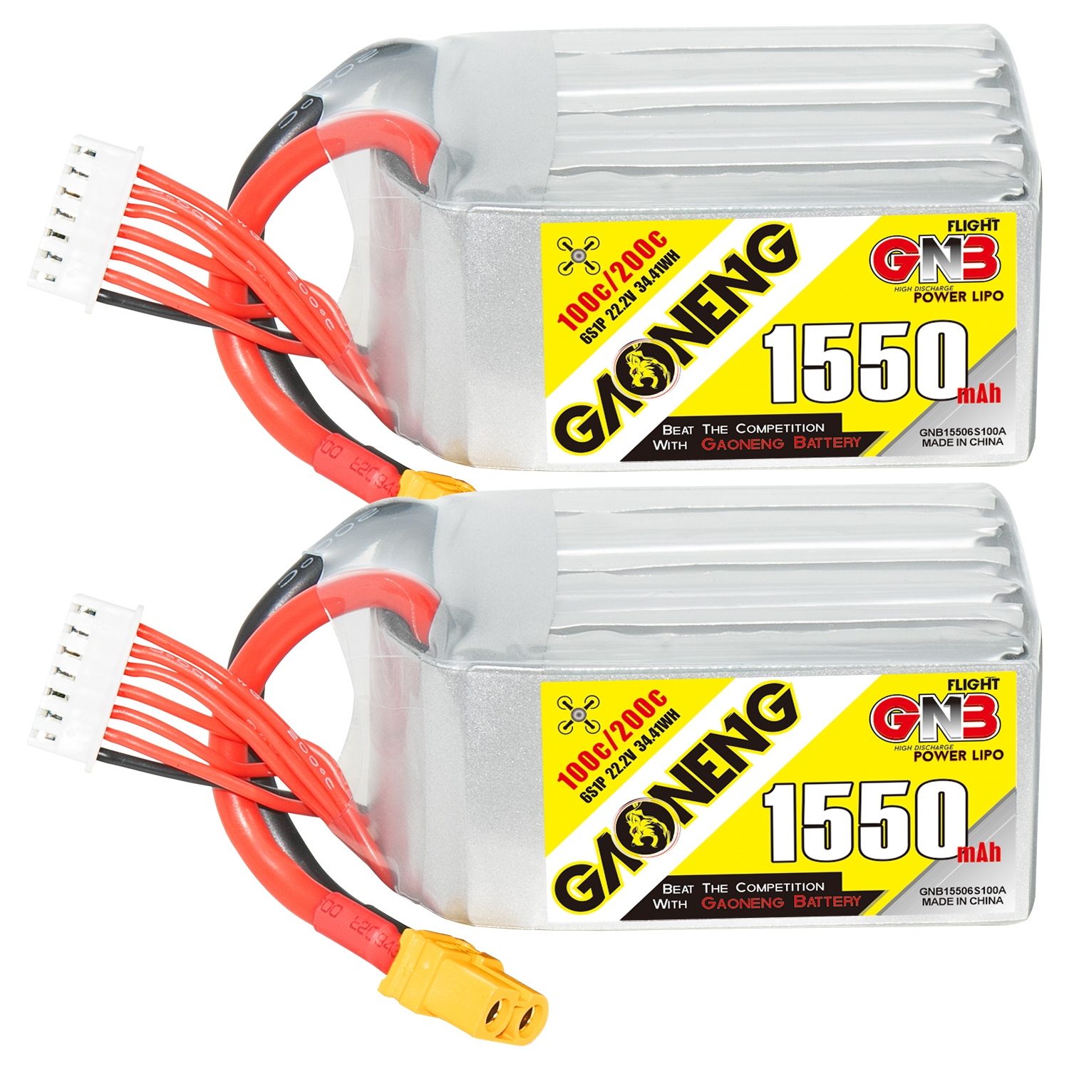 2PCS - GAONENG GNB 6S 22.2V 1550mAh 100C XT60 LiPo Battery