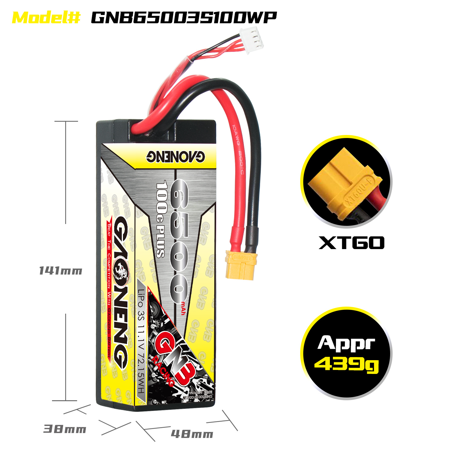 GAONENG GNB 3S 11.1V 6500mAh 100C Cabled Hard Case LiPo Battery XT60