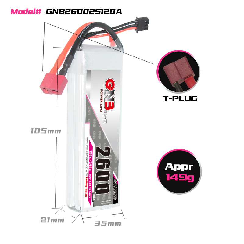 2PCS - GAONENG GNB 2S 7.4V 2600mAh 120C LiPo Battery T-Plug