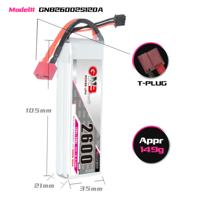 2PCS - GAONENG GNB 2S 7.4V 2600mAh 120C LiPo Battery T-Plug