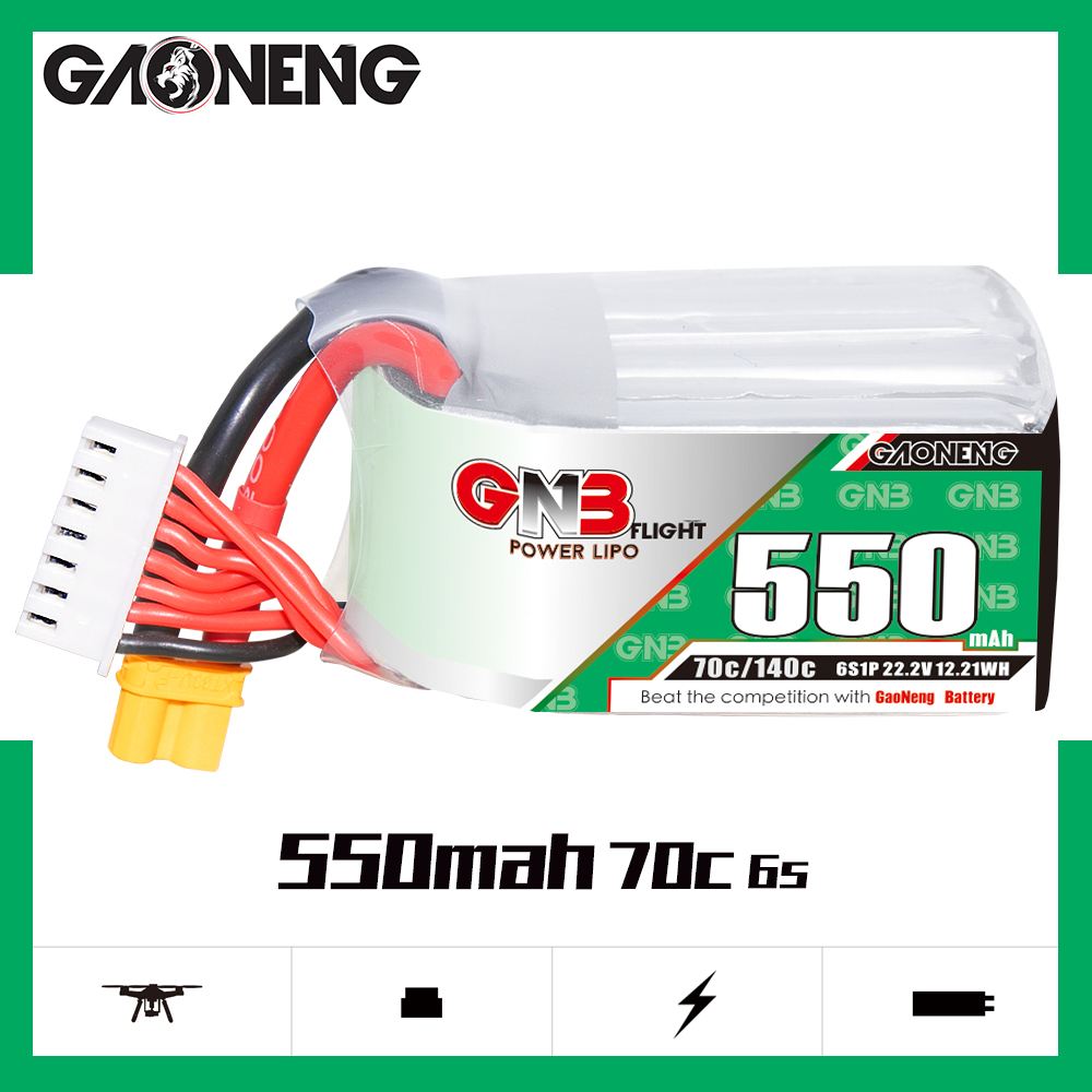 2PCS - GAONENG GNB 6S 22.2V 550mAh 70C XT30 LiPo Battery