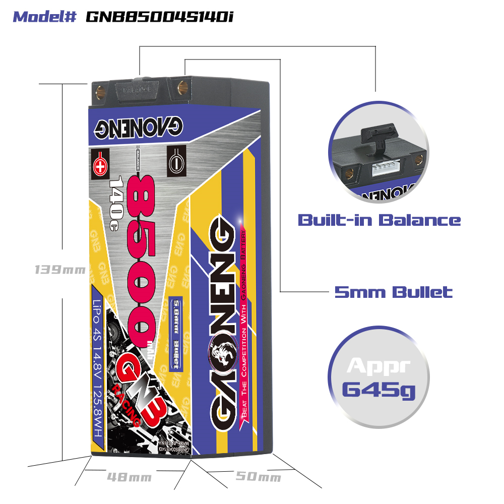 GAONENG GNB 4S 14.8V 8500mAh 140C 5mm Bullet Hard Case LiPo Battery