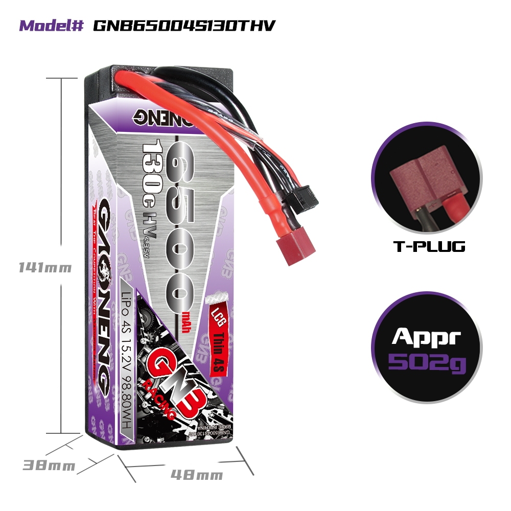 GAONENG GNB LiHV 4S 15.2V 6500mAh 130C LCG Cabled Hard Case LiPo Battery T-PLUG