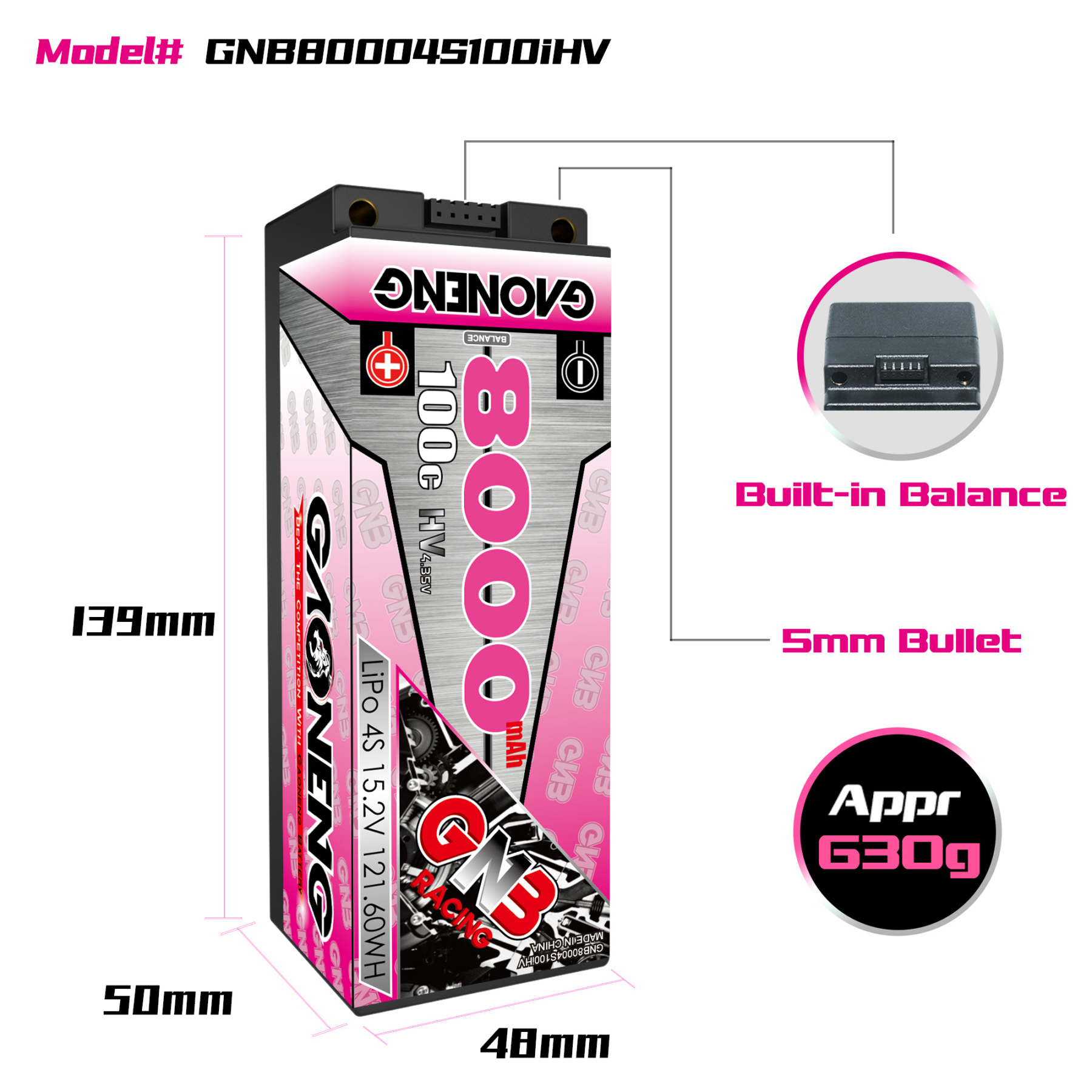 GAONENG GNB LiHV 4S 15.2V 8000mAh 100C 5mm Bullet Hard Case LiPo Battery