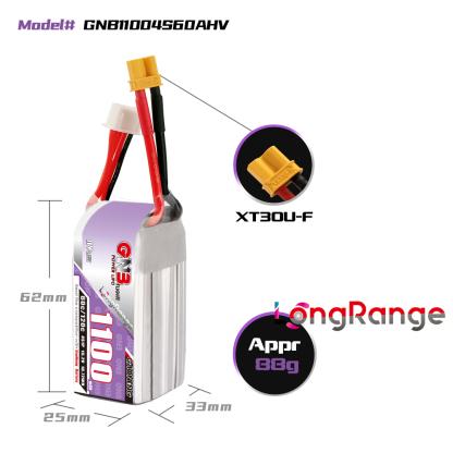 2PCS - GAONENG GNB LiHV 4S 15.2V 1100mAh 60C XT30 LiPo Battery LongRange