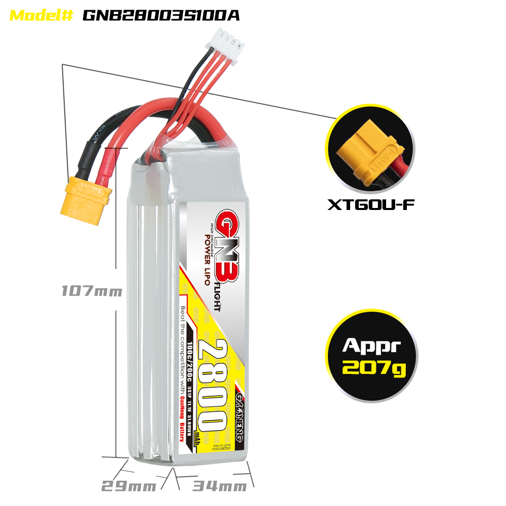 1PCS - GAONENG GNB 3S 11.1V 2800mAh 100C XT60 LiPo Battery