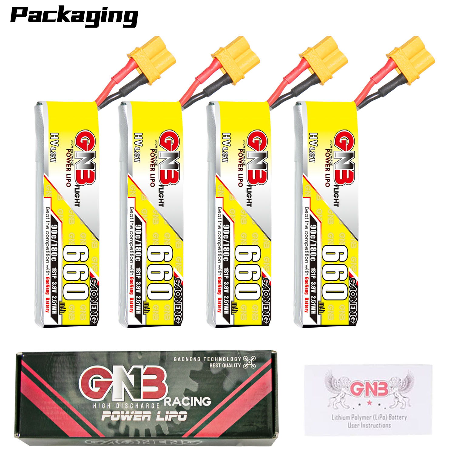 4PCS - GAONENG GNB LiHV 1S 3.8V 660mAh 90C XT30 Cabled LiPo Battery