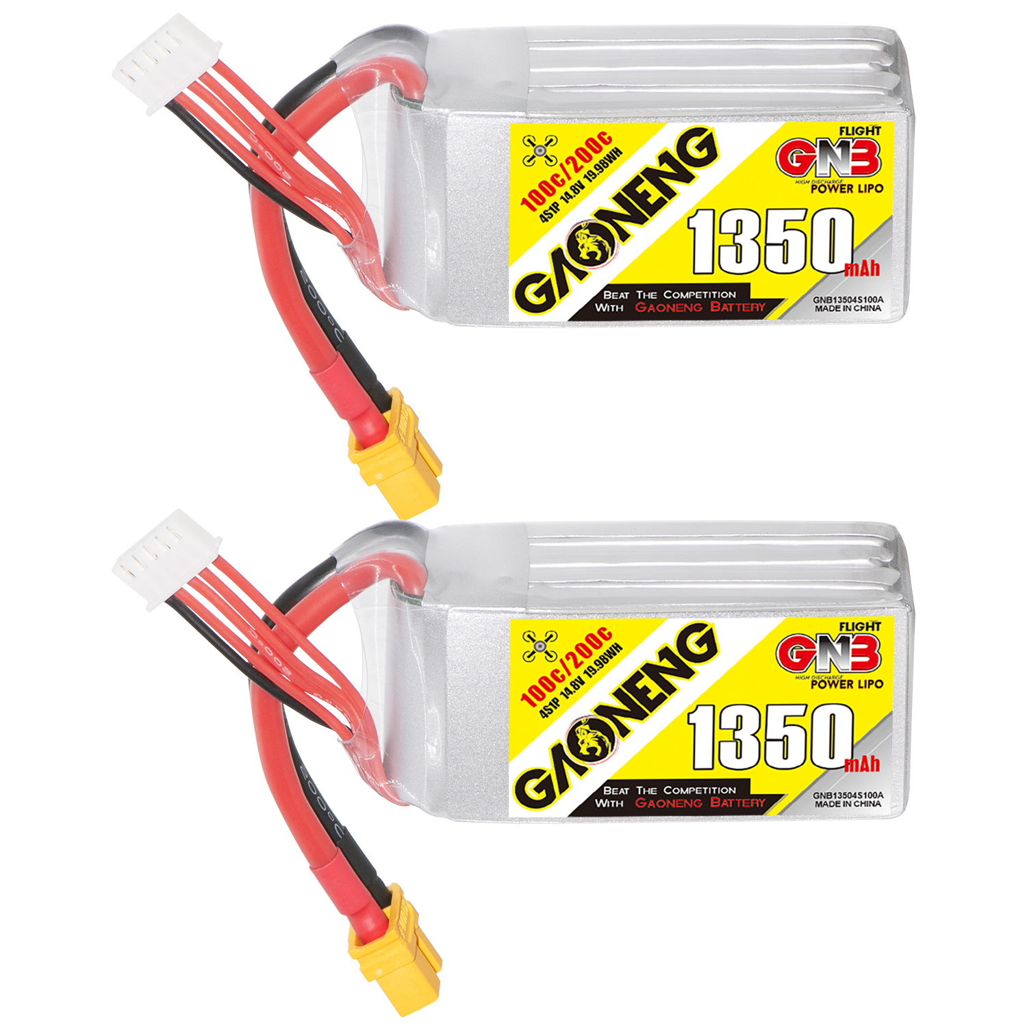 2PCS - GAONENG GNB 4S 14.8V 1350mAh 100C XT60 LiPo Battery
