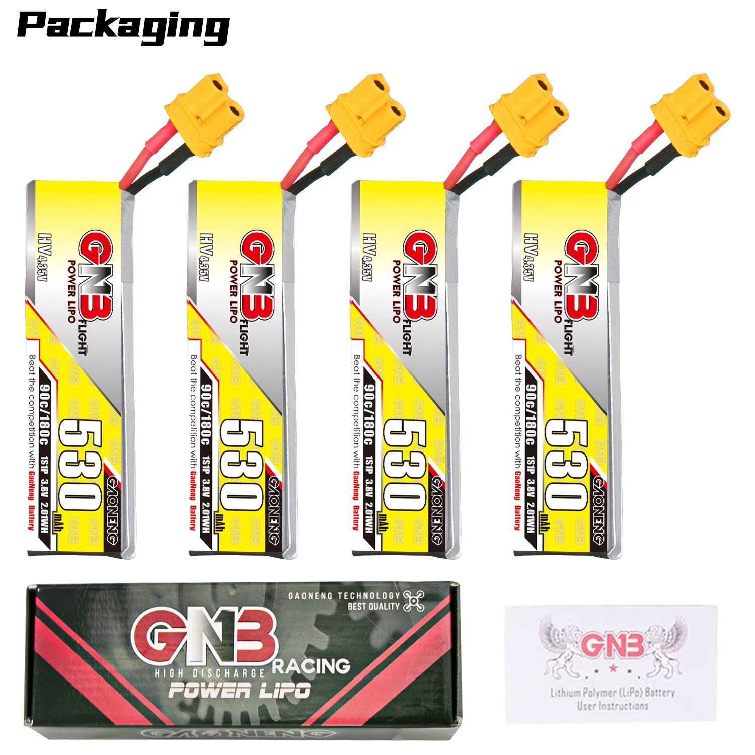 4PCS - GAONENG GNB LiHV 1S 3.8V 530mAh 90C XT30 Cabled LiPo Battery