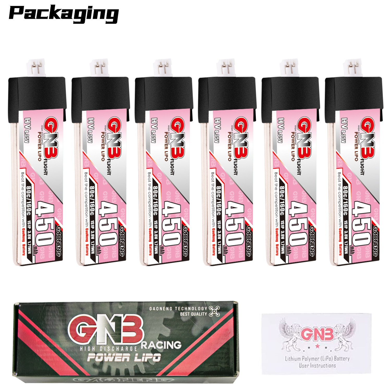 GAONENG GNB LiHV 1S 3.8V 450mAh 80C PH2.0 Plastic Head LiPo Battery