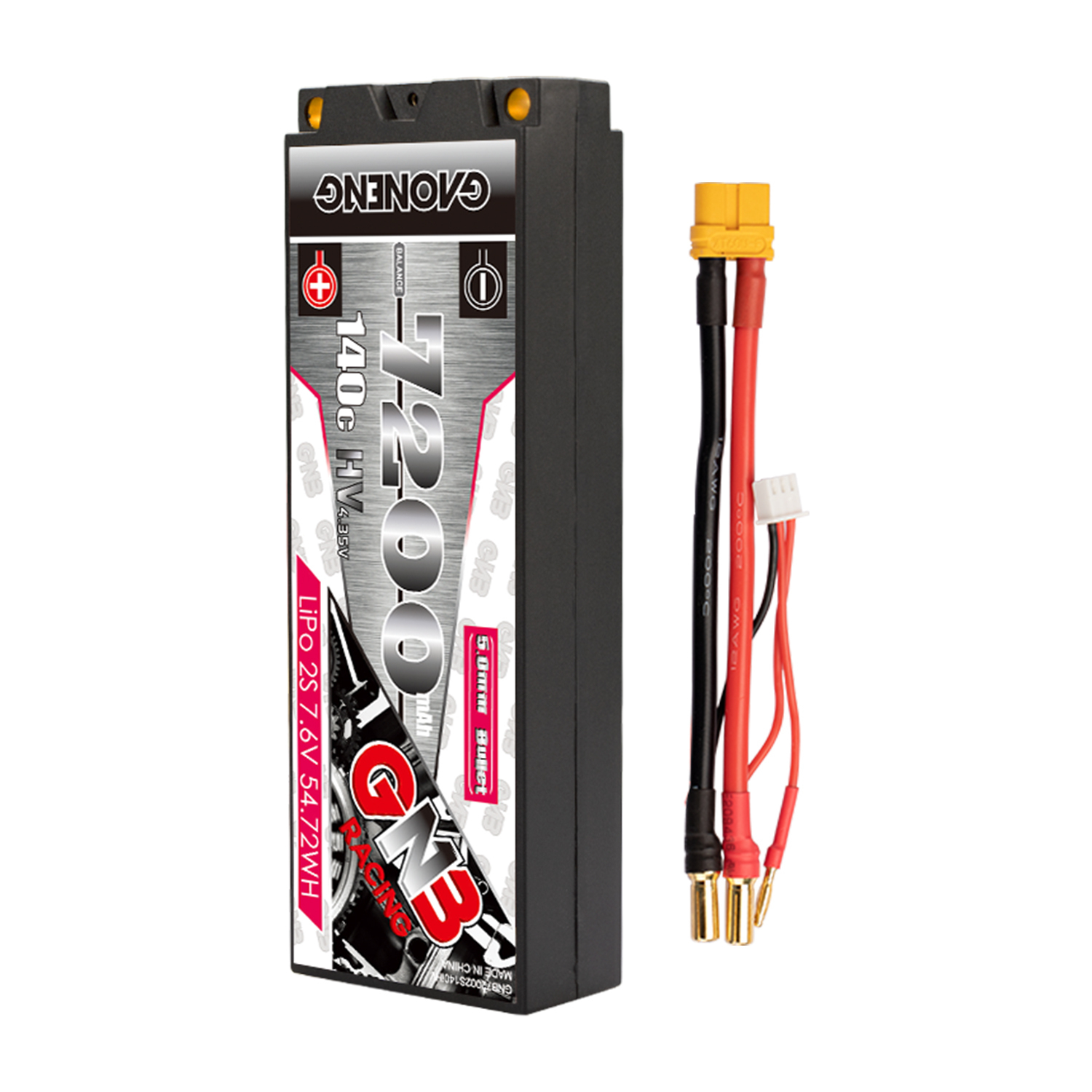 1PCS - GAONENG GNB LiHV 2S 7.6V 7200mAh 140C Hard Case LCG LiPo Battery XT60