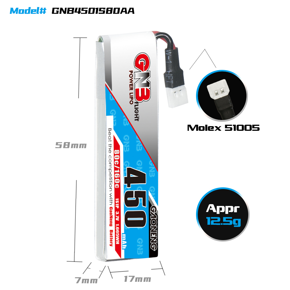 4PCS - GAONENG GNB 1S 3.7V 450mAh 80C LiPo Battery Molex 51005 Connector