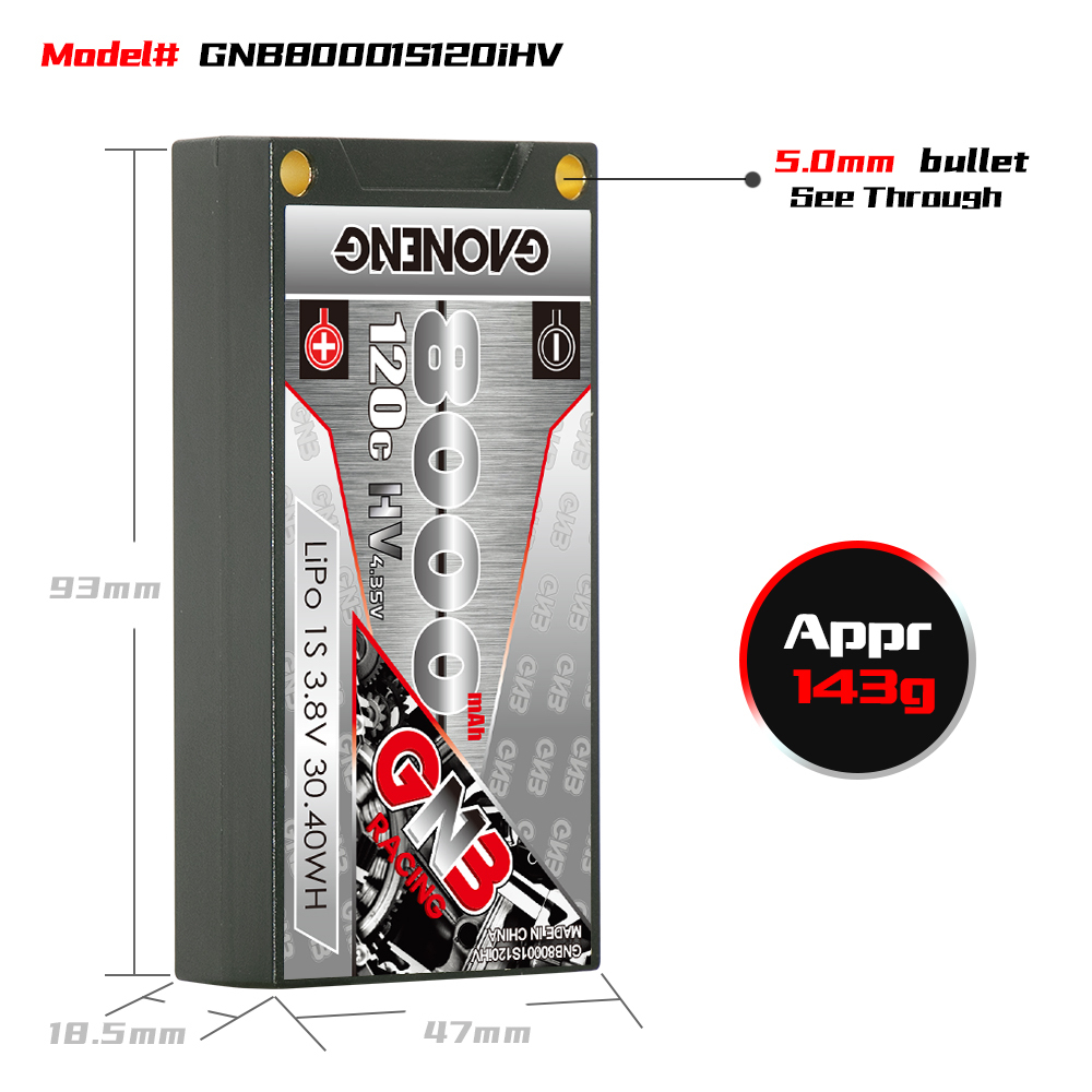 1PCS - GAONENG GNB LiHV 1S 3.8V 8000mAh 120C Hard Case LiPo Battery T-Plug