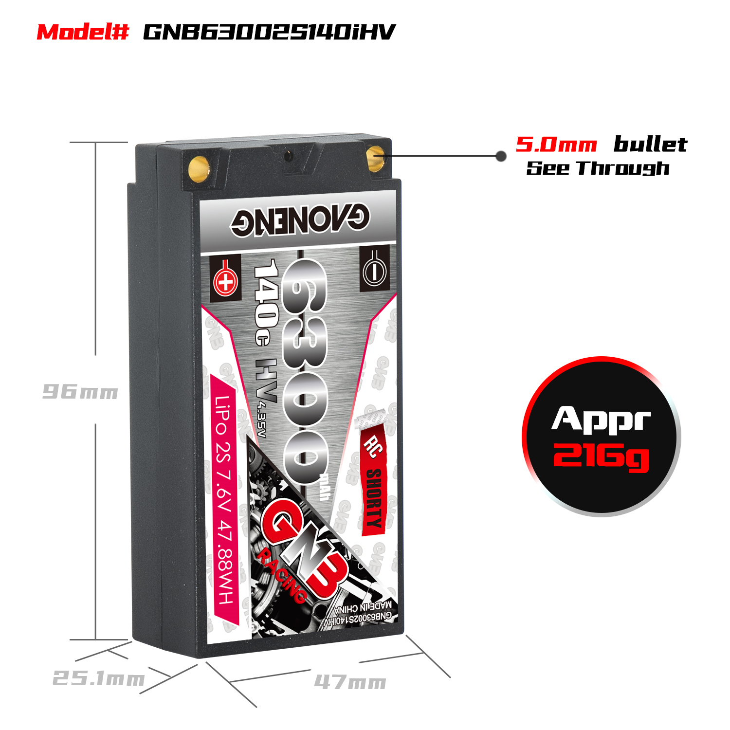 1PCS - GAONENG GNB LiHV 2S 7.6V 6300mAh 140C Shorty Hard Case LiPo Battery XT60