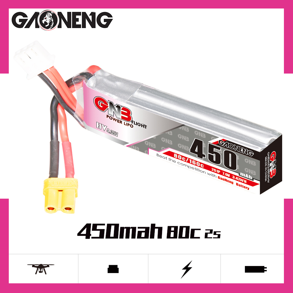 4PCS - GAONENG GNB LiHV 2S 7.6V 450mAh 80C XT30 LiPo Battery
