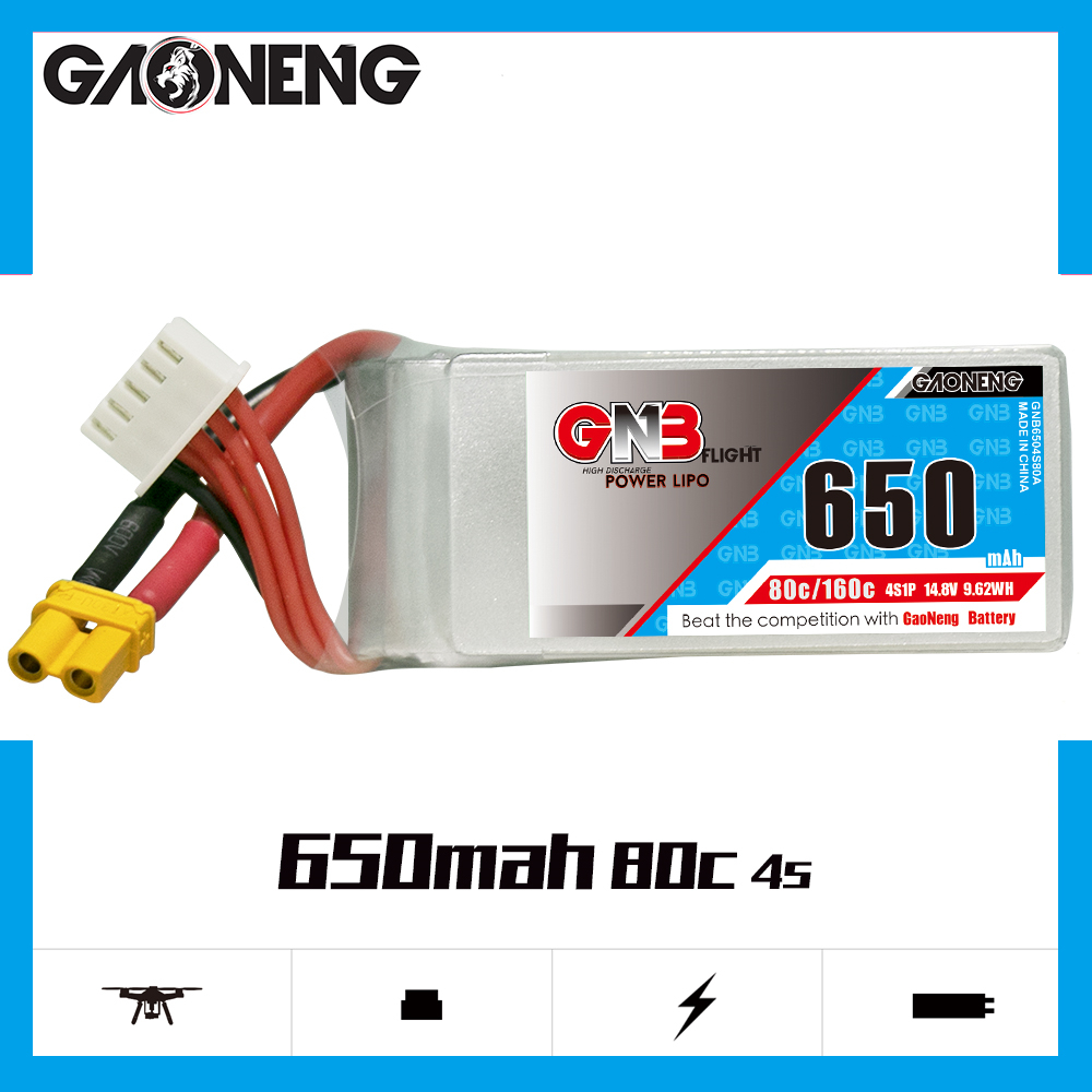 2PCS - GAONENG GNB 4S 14.8V 650mAh 80C XT30 LiPo Battery