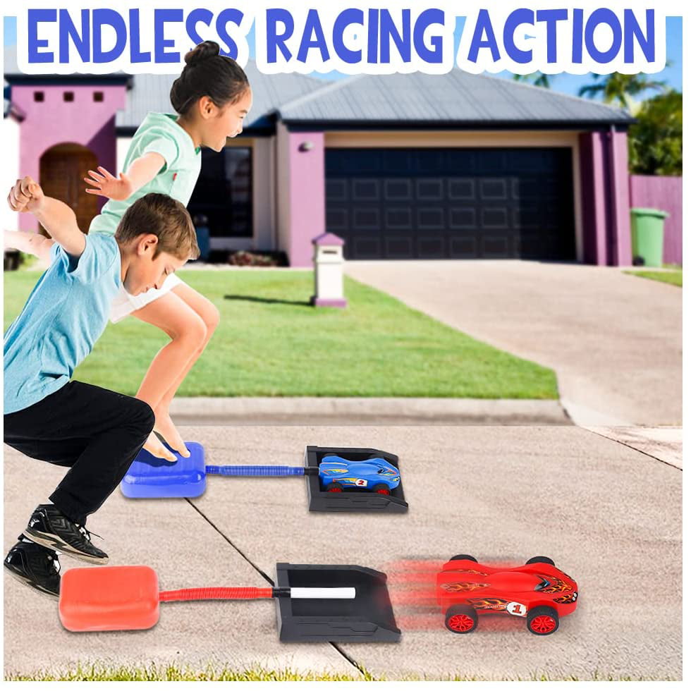 Stomp Dueling Racers,Outdoor Toy,Birthday Gift for Kids,Toys for Boys 8 to 11 Years,Air Powered Outdoor Toy Cars for Boys and Girls,2 Toy Car Launchers and 2 Air Powered Cars with Ramp and Finish Line