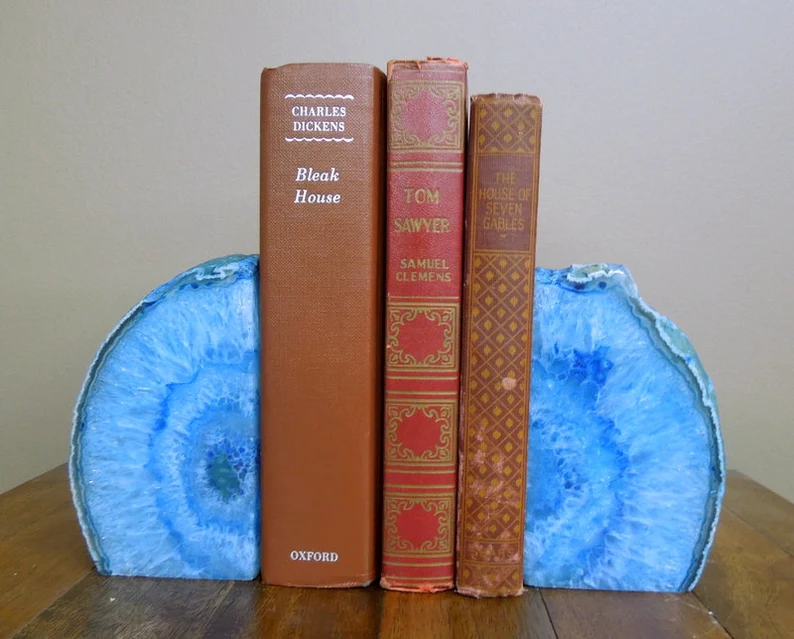Agate Book End -- Blue Dyed Half Geode Druzy Bookend Rock Formation - Lovely Book Ends 1-3 lb (BKE1) 