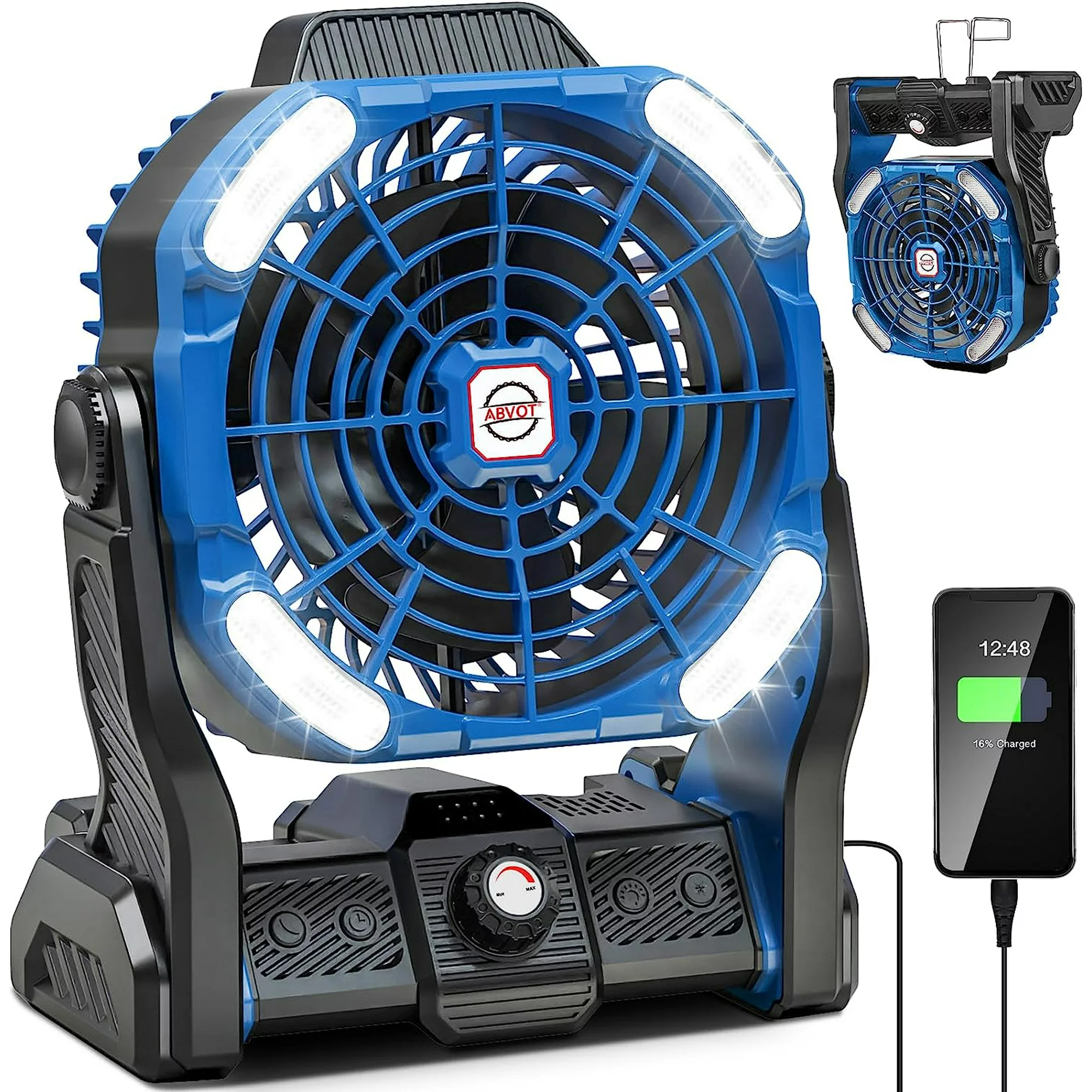 Gazeled Camping Fan for Tents, 20000mAh Desk Fan Battery Operated ,Portable Camping Tent Fan with Dual Motor ,4 Led Lights 2 Colors ,Timing for Bedroom ,Camping, Fishing, Power Outage, Hurricane