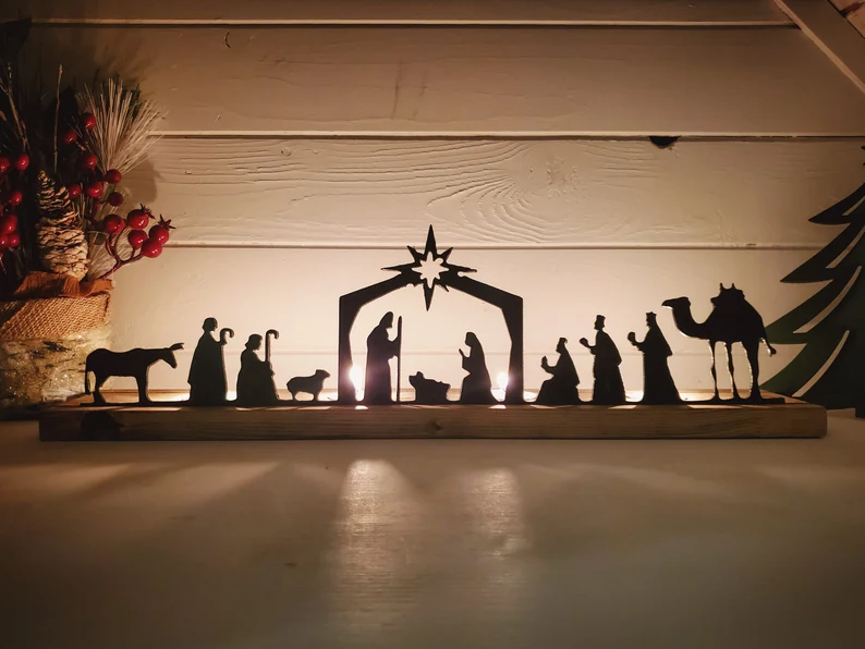 Nativity Scene Tea Light Holder 18" long, Metal Nativity Scene with Wood Stand, Christmas metal sign with candle holders