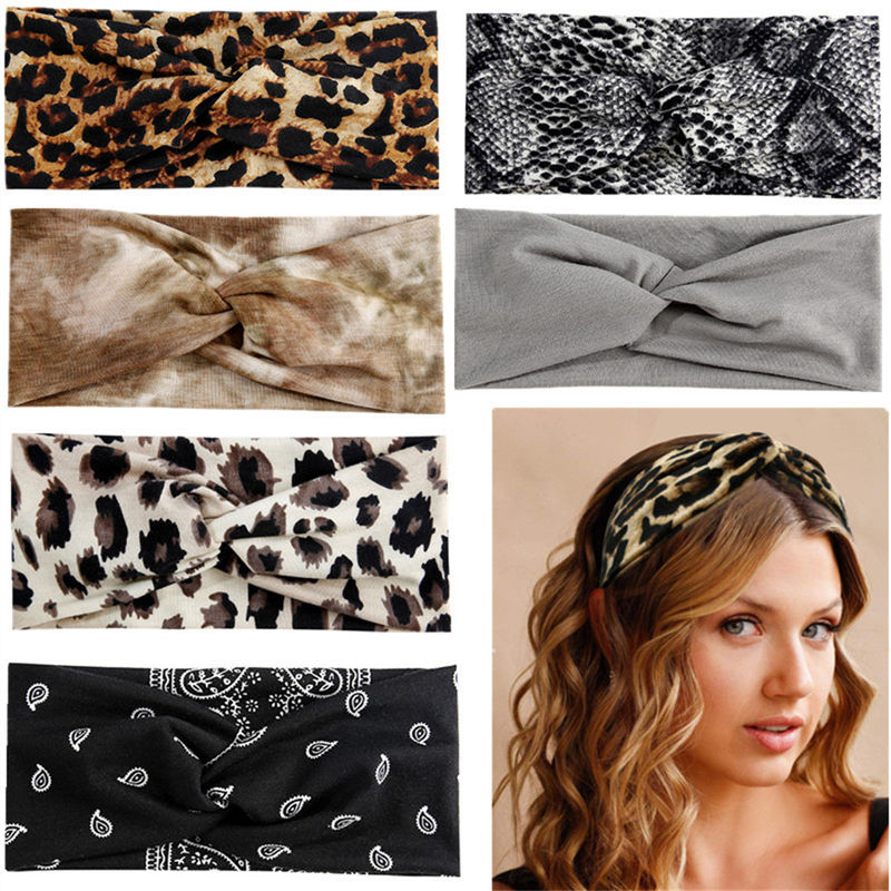 Leopard And Solid Color Yoga Wide Cross Twist Head Bands Elastic Hair Band For Women and Girls
