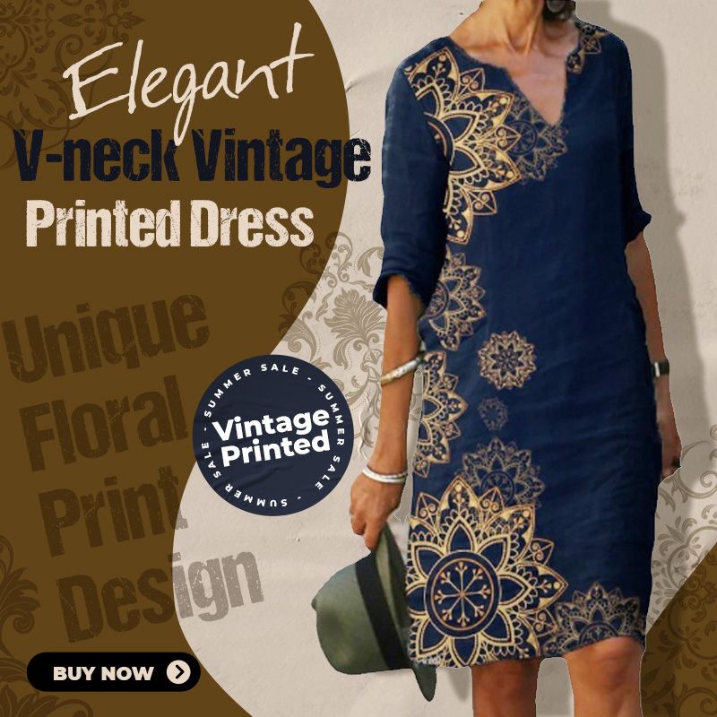 Elegant V-neck Vintage Printed Dress