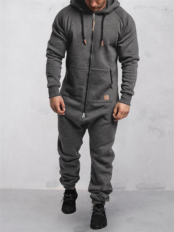 Hooded Fleece Solid Color Jumpsuit