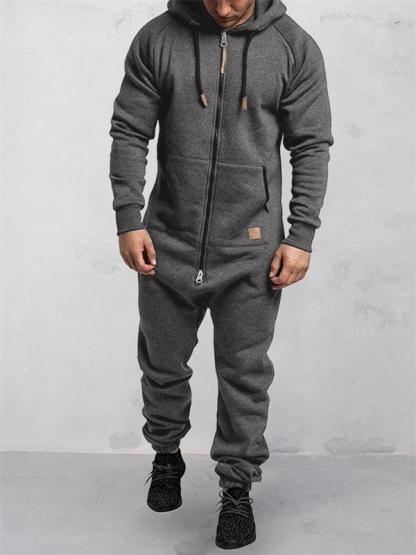 Hooded Fleece Solid Color Jumpsuit