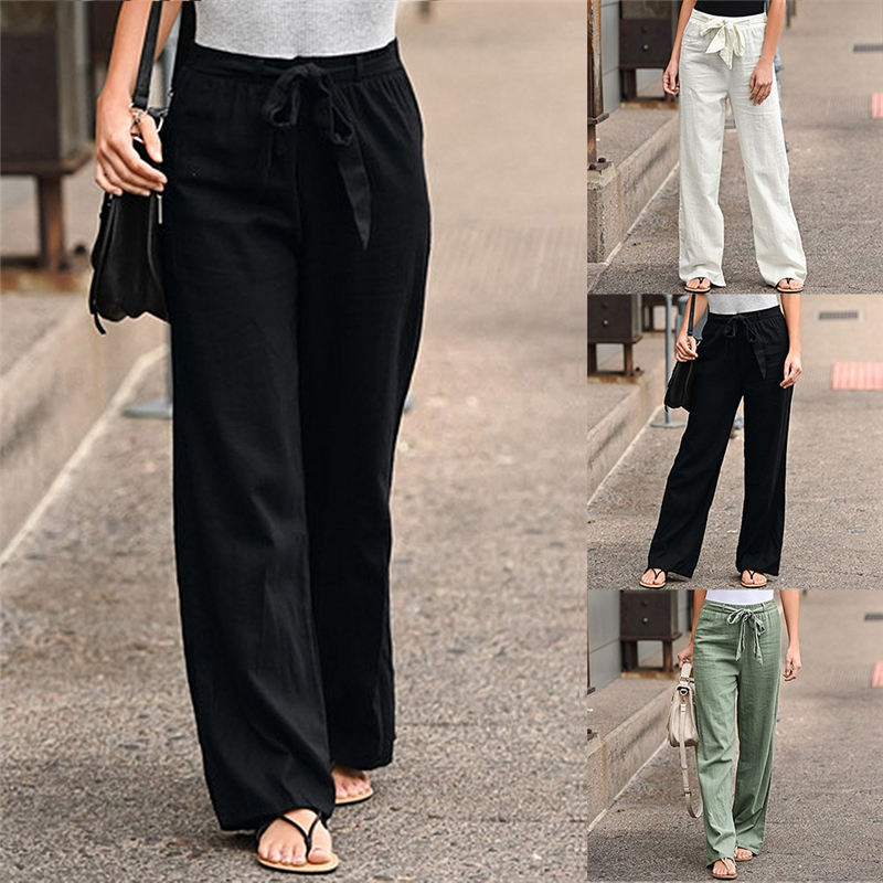 Women High Waist Straight Trousers Summer Casual Elastic Waist Lace-up Wide Leg Pants Harajuku Solid Ankle-length Length Pant