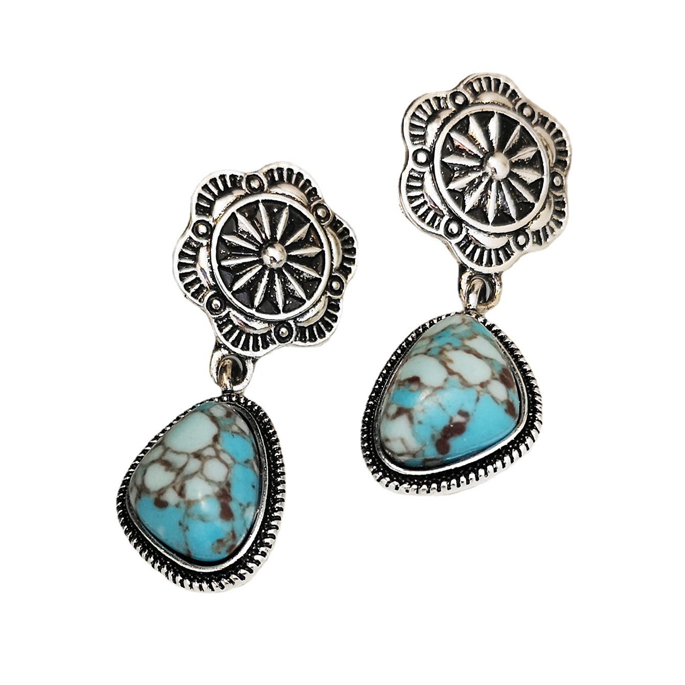Boho Western Flower Carved Turquoise Earrings-womenturquoise
