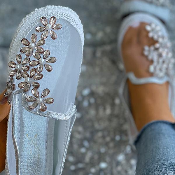 Shoemona Studded Floral Pattern Sheer Mesh Flats