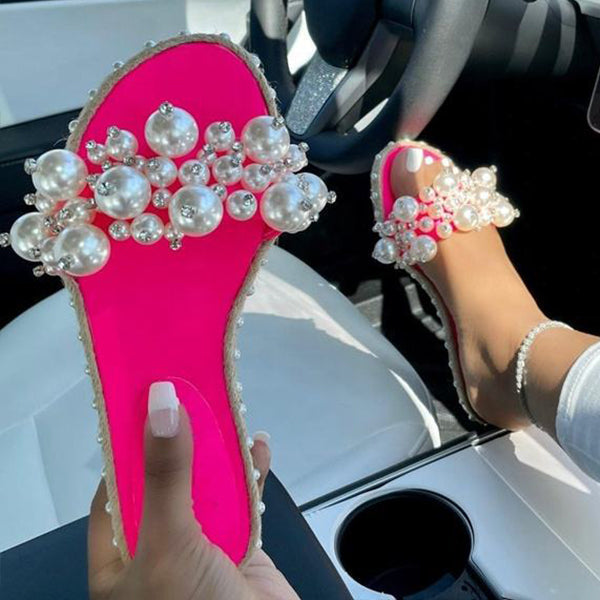 Shoemona Ladies Fashion Pu Pearl Flat Slippers