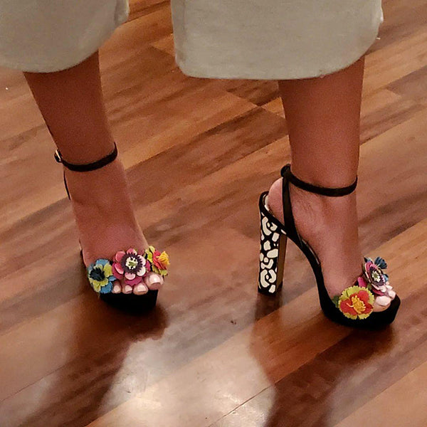 Shoemona Colorful 3D Flowers Snake Embossed Ankle Strap Heels