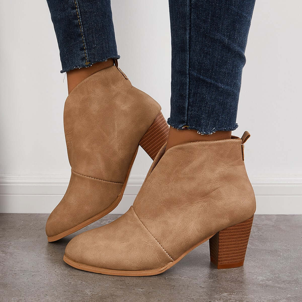 Shoemona Retro Western V Cut Ankle Boots Slip On Chunky Stacked Heel Booties