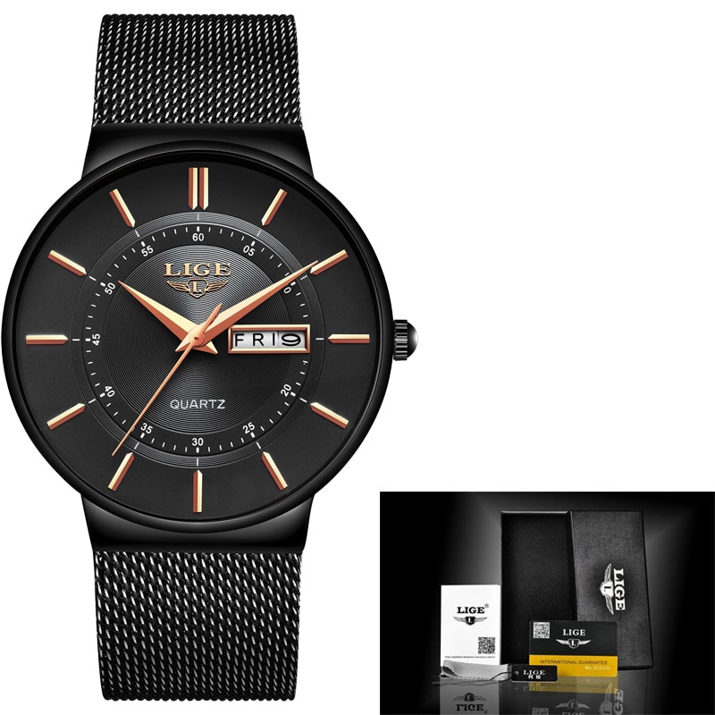 2022 LIGE New Mens Watches Top Brand Luxury Ultra Thin Quartz Watch Men Steel Mesh Strap Waterproof Gold Watch-A1Smartshop
