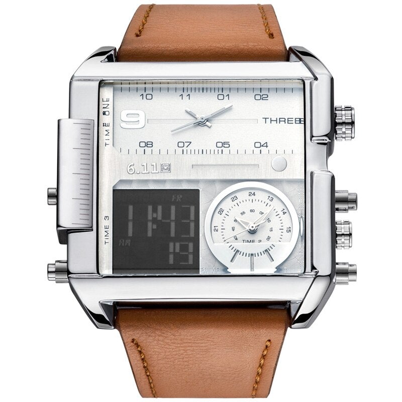 Original 6.11 Multiple Time Zone Quartz Watches Square Men Watch Leather LED Wristwatch Waterproof-A1Smartshop
