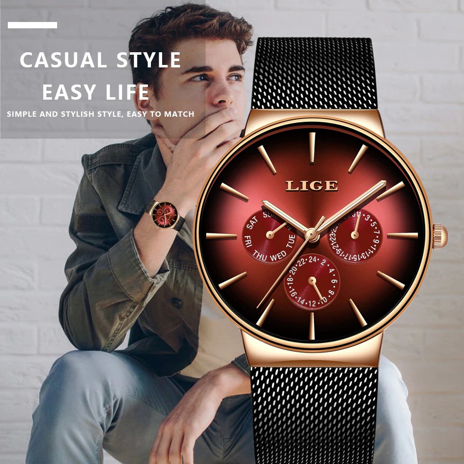 LIGE New Fashion Mens Watches Top Brand Luxury Quartz Watch Mesh Steel Wristwatch
